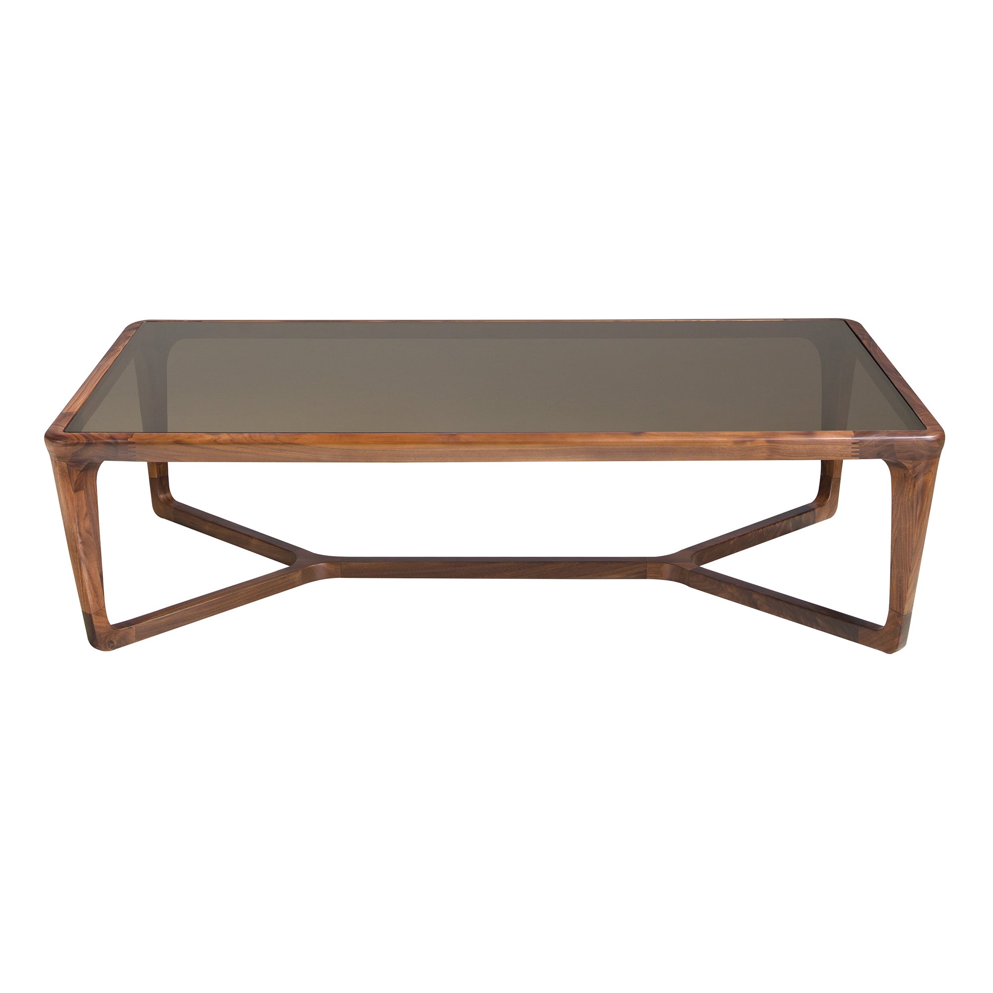 Rectangular coffee table in smoked brown glass and walnut