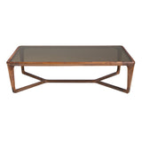 Rectangular coffee table in smoked brown glass and walnut