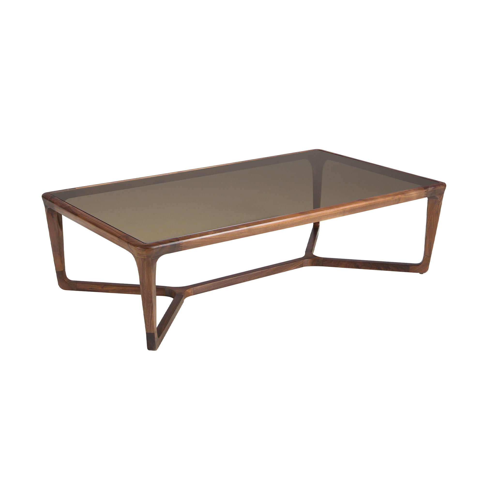 Rectangular coffee table in smoked brown glass and walnut