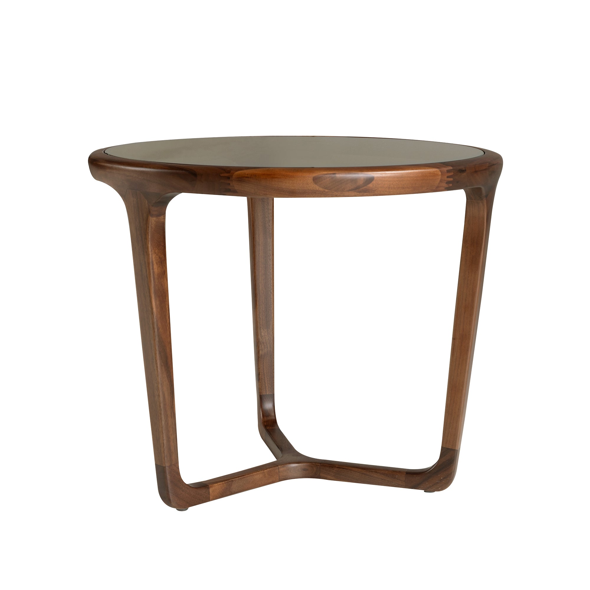 Round Brown Smoked Glass and Walnut Side Table