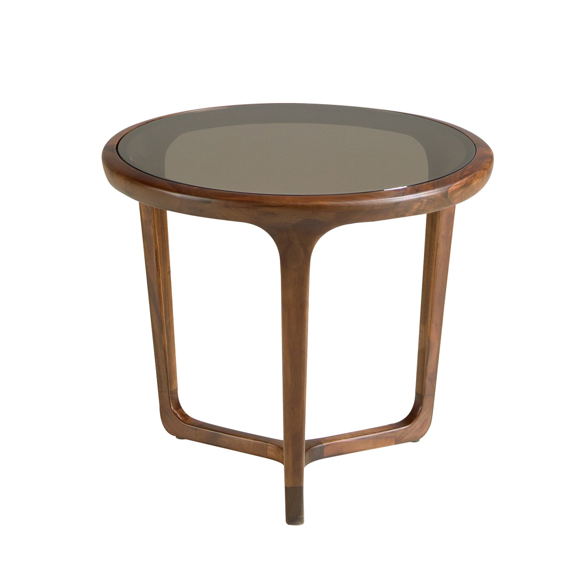 Round Brown Smoked Glass and Walnut Side Table