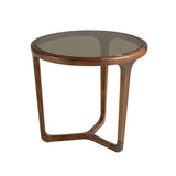 Round Brown Smoked Glass and Walnut Side Table