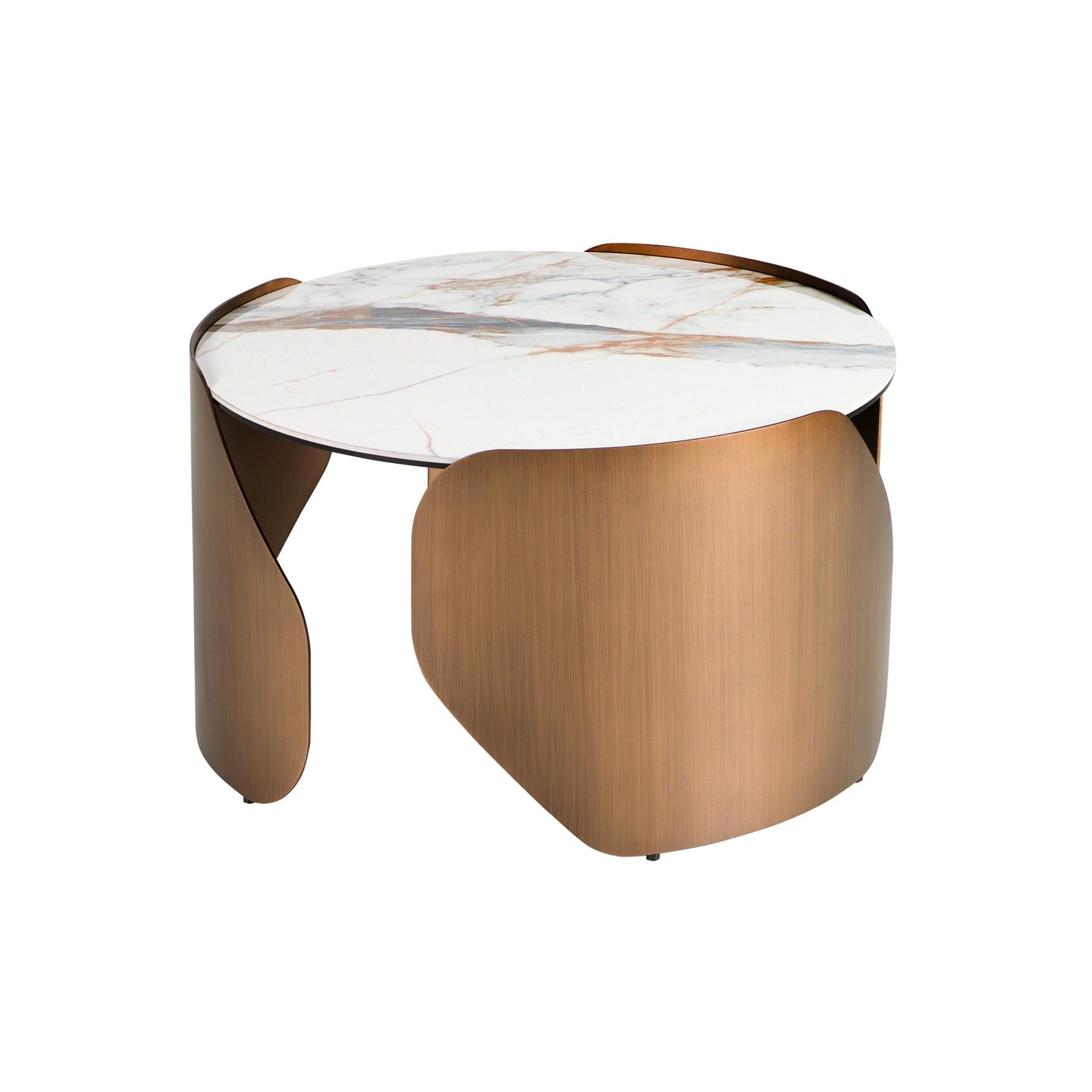 Round centre table in porcelain marble and bronze-coloured steel