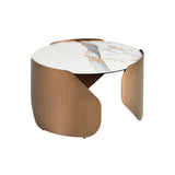 Round centre table in porcelain marble and bronze-coloured steel