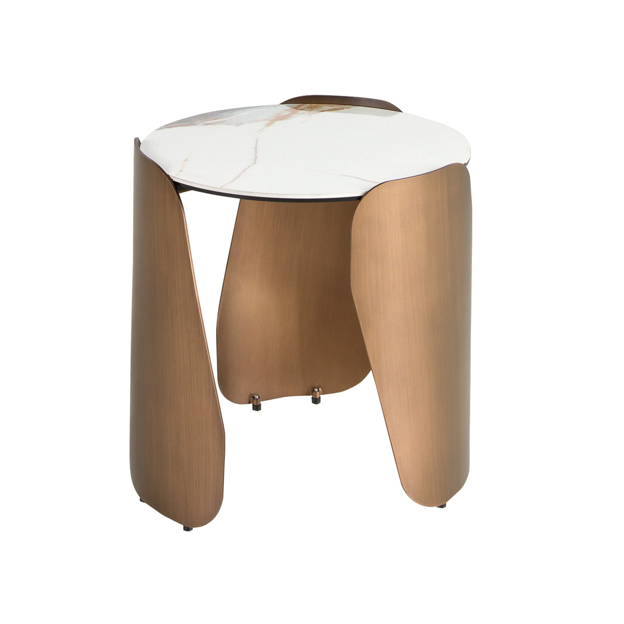 Round corner table in porcelain marble and bronze-coloured steel