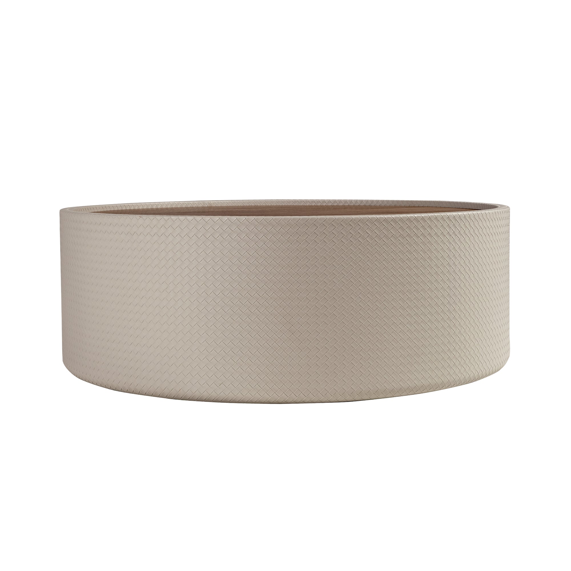 Round coffee table in walnut and wood upholstered in sand-coloured leatherette