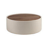 Round coffee table in walnut and wood upholstered in sand-coloured leatherette