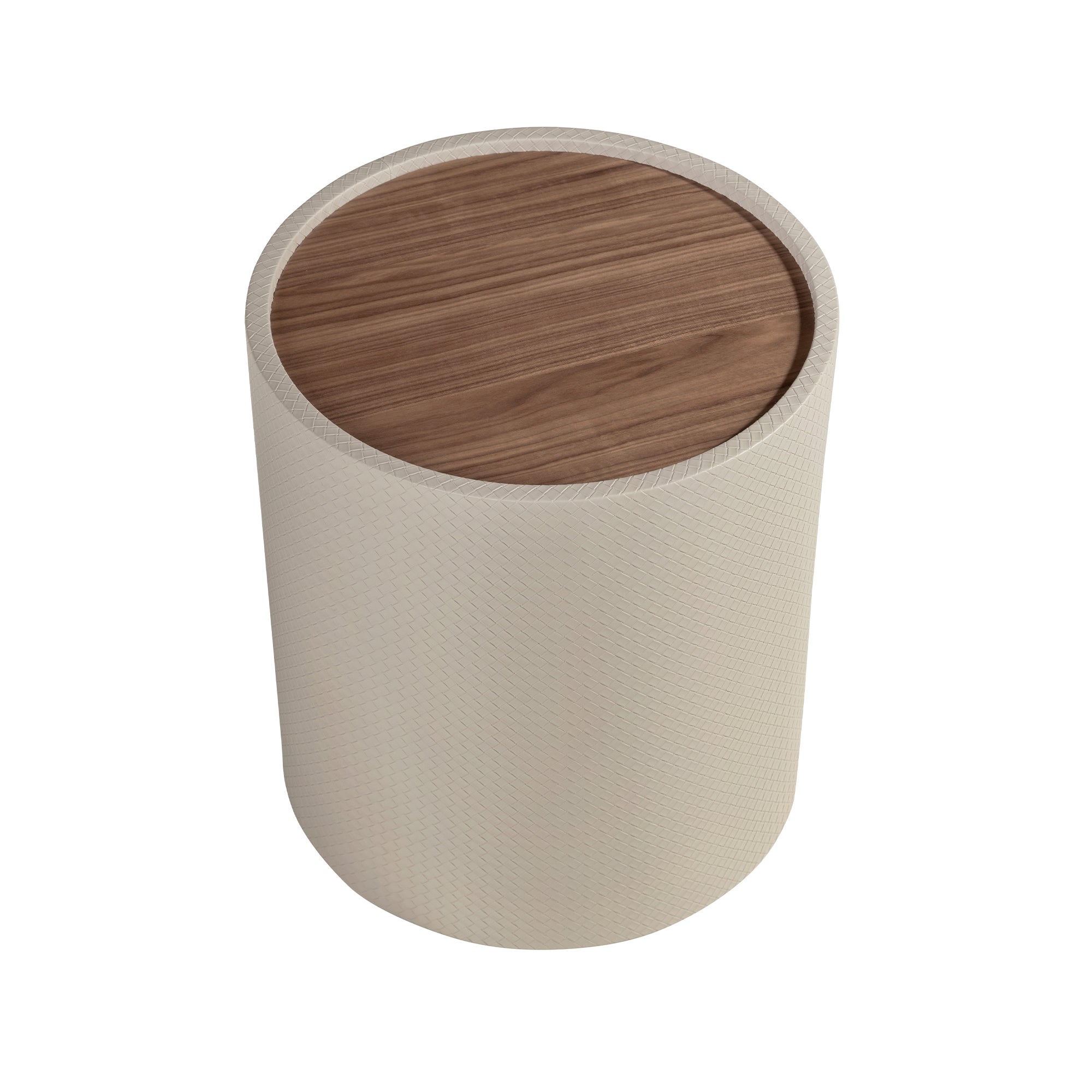 Round side table in walnut, walnut and wood upholstered in sand-coloured leatherette