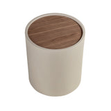 Round side table in walnut, walnut and wood upholstered in sand-coloured leatherette