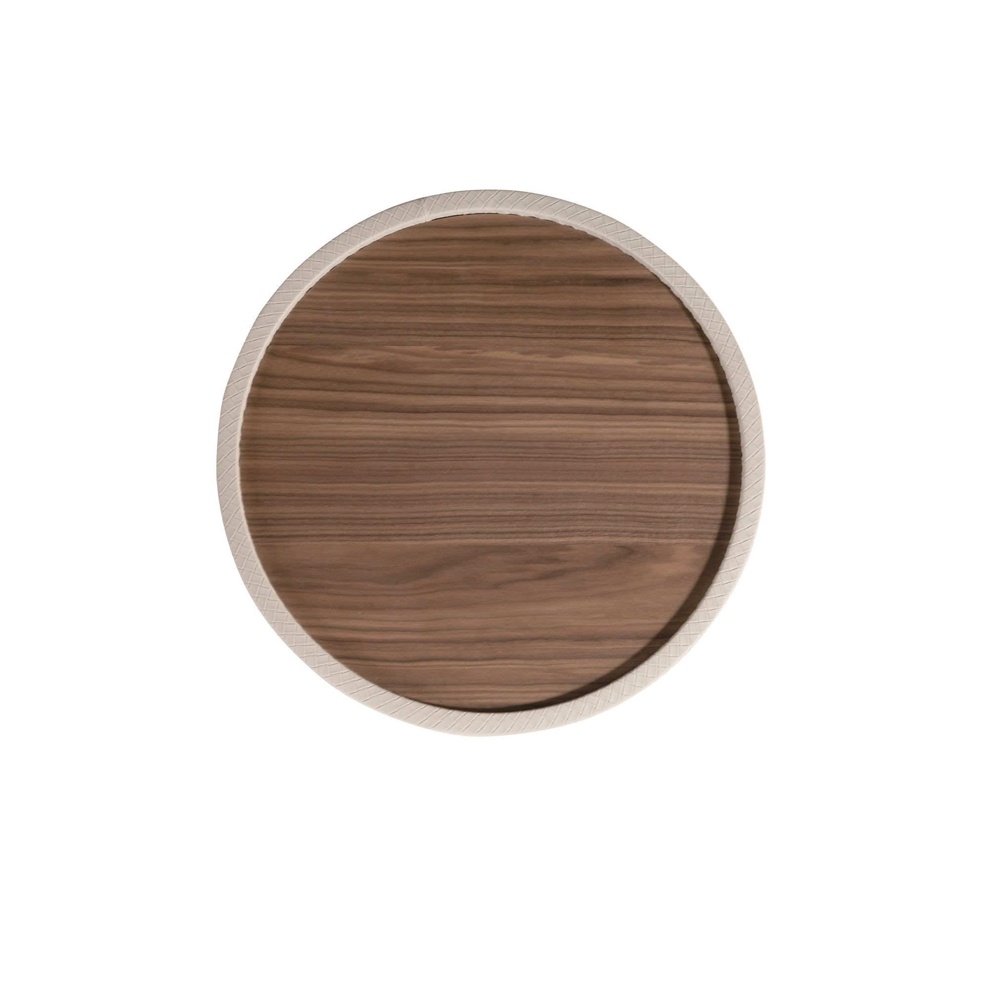 Round side table in walnut, walnut and wood upholstered in sand-coloured leatherette