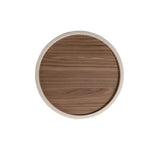 Round side table in walnut, walnut and wood upholstered in sand-coloured leatherette
