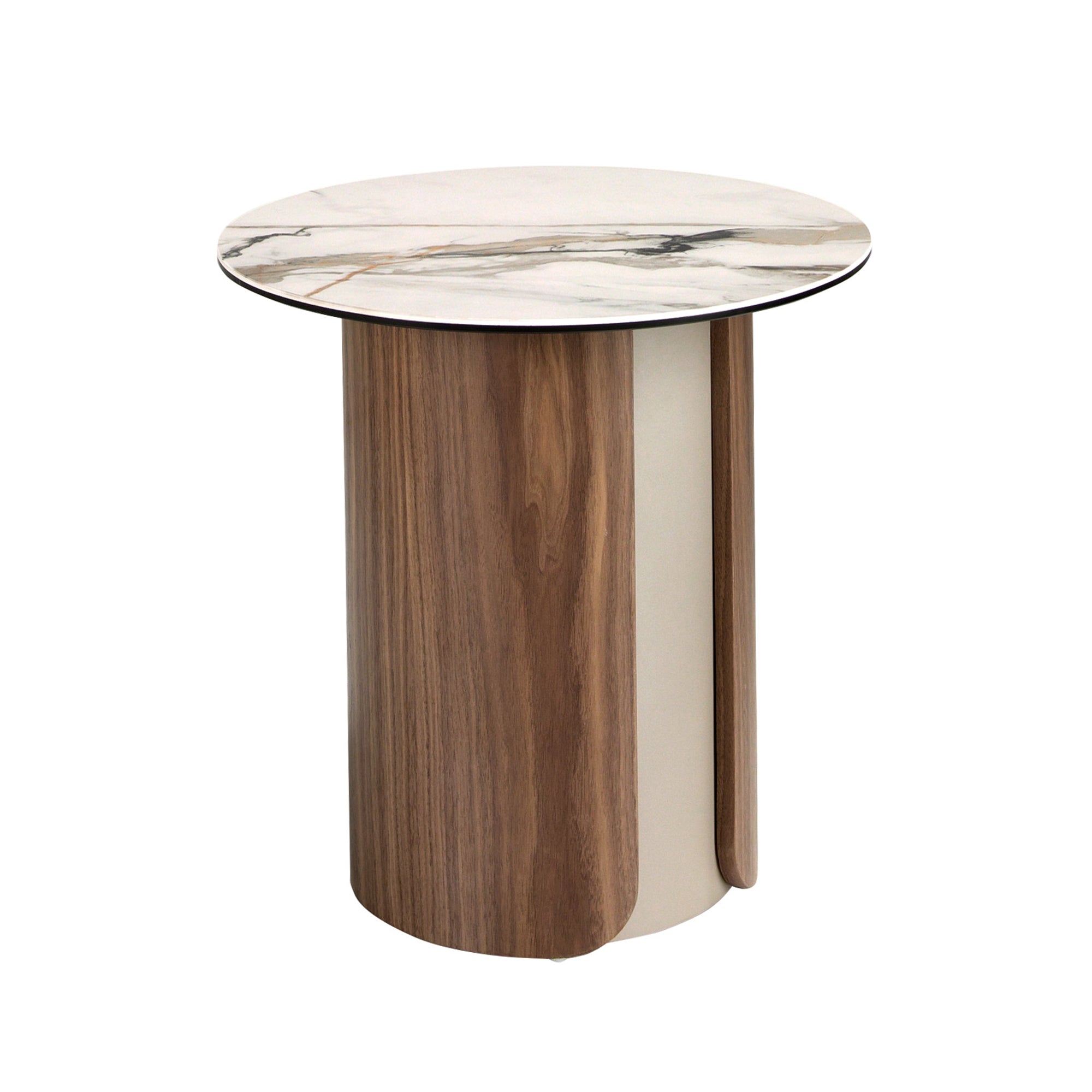 Round corner table in porcelain marble, metallic sand steel and walnut