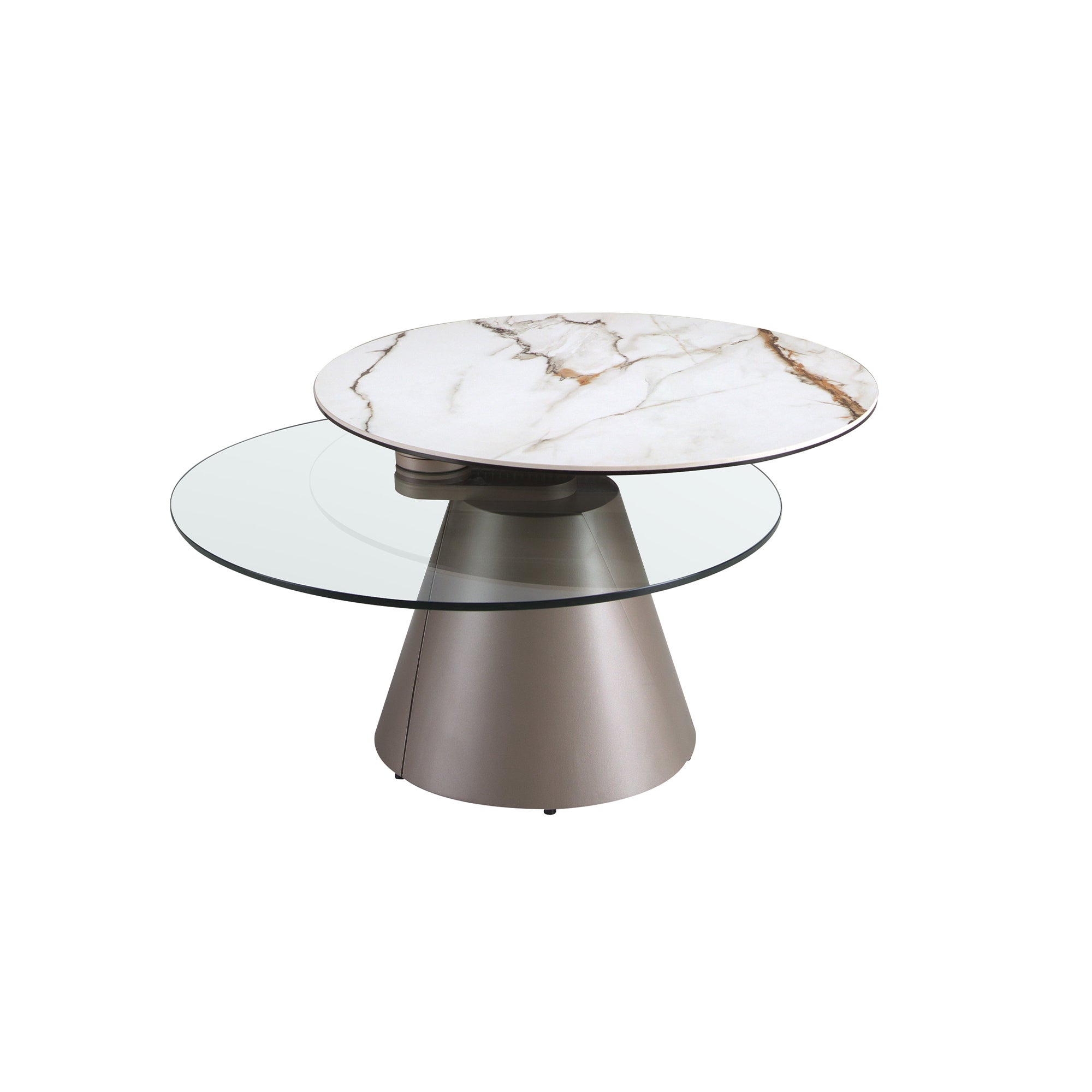 Extendable round coffee table in tempered glass, porcelain marble and silver-grey steel