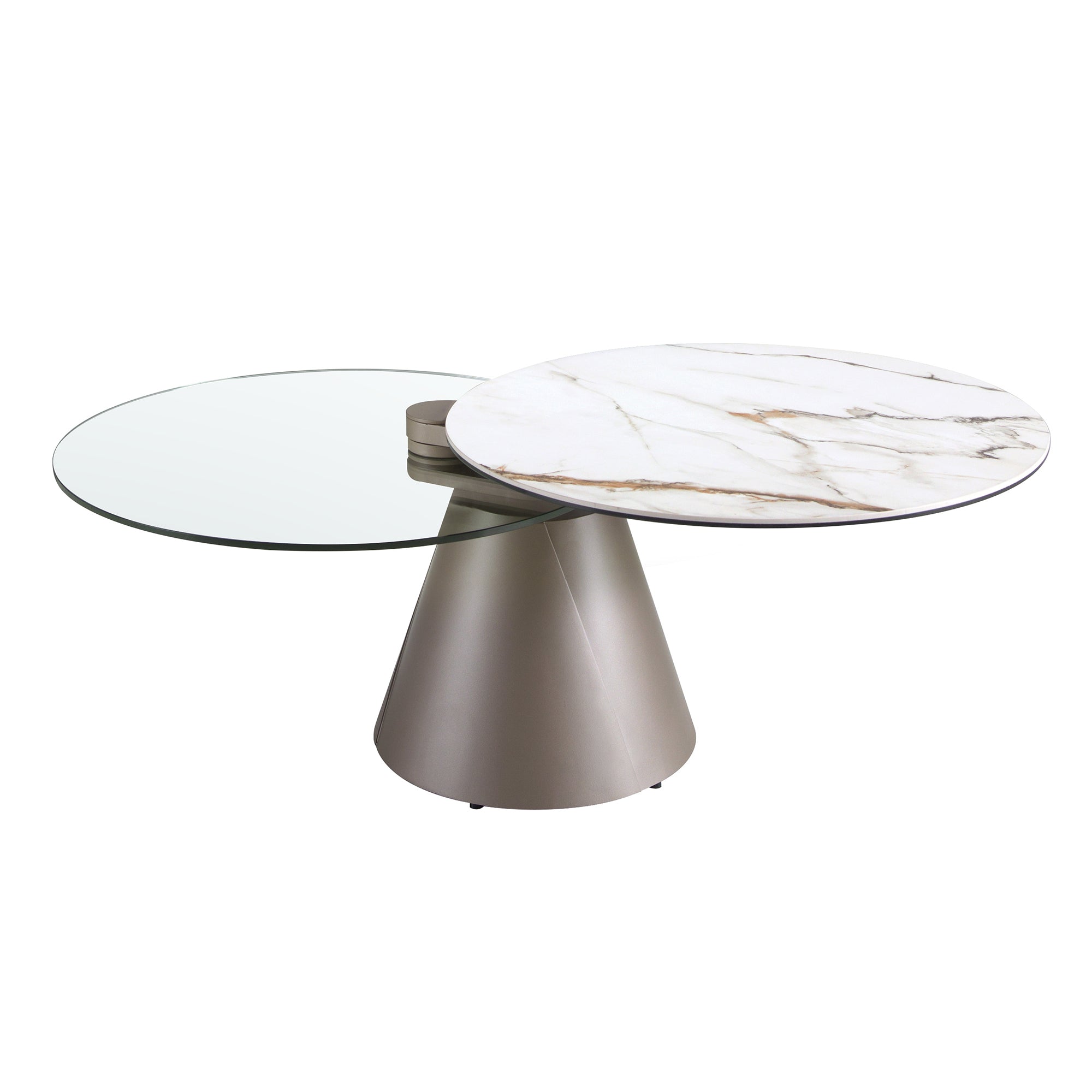 Extendable round coffee table in tempered glass, porcelain marble and silver-grey steel