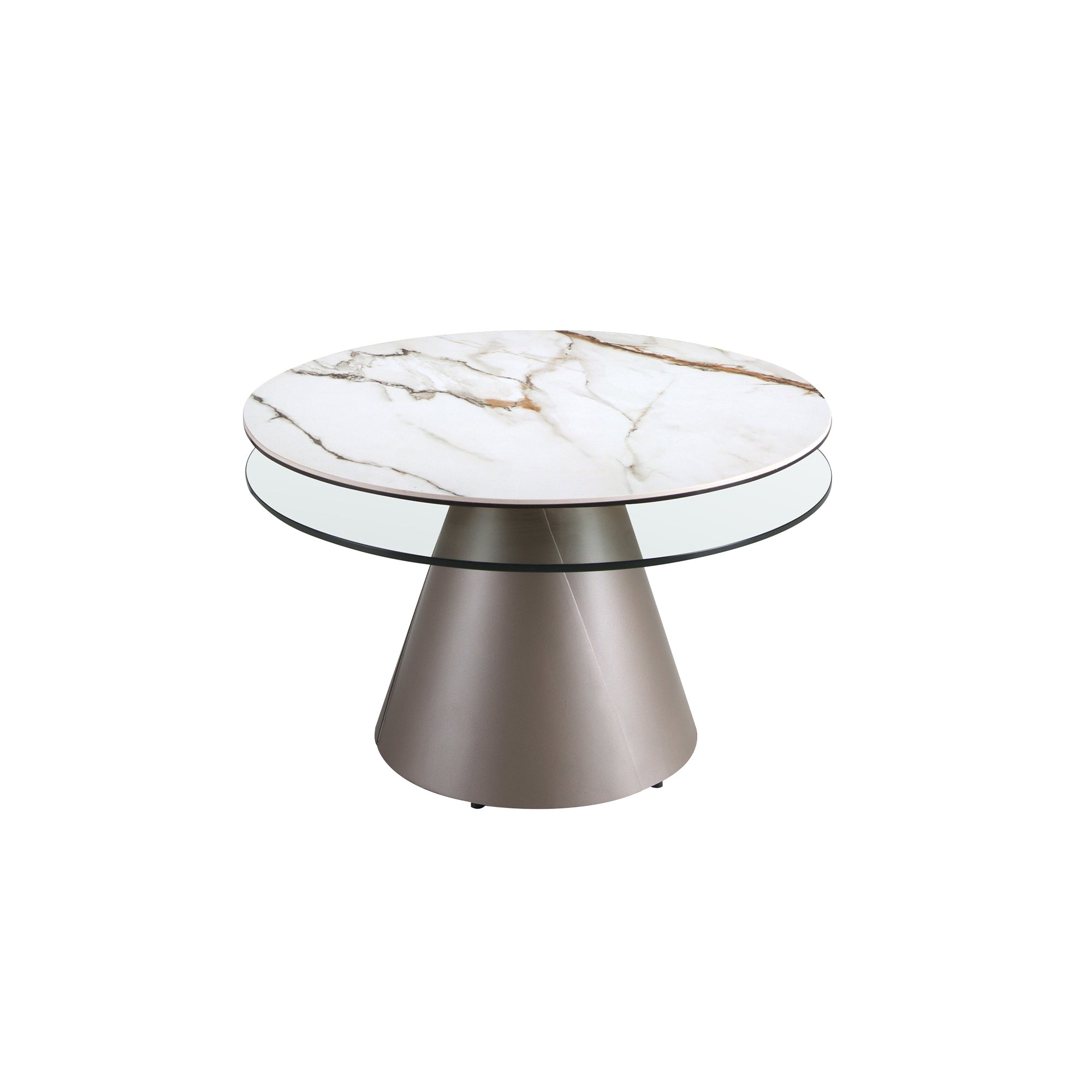 Extendable round coffee table in tempered glass, porcelain marble and silver-grey steel
