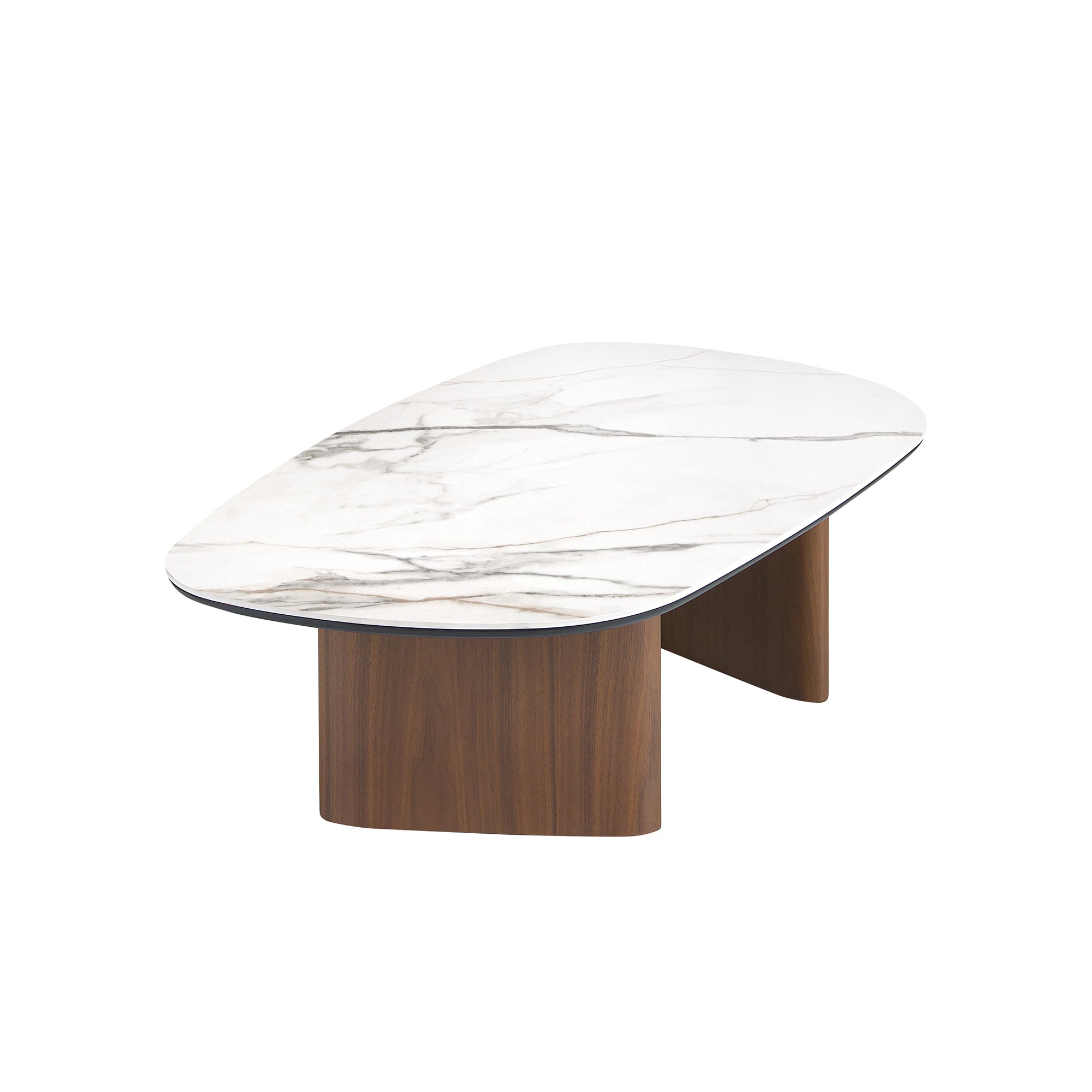 Organic-Shaped Porcelain Marble and Walnut Coffee Table