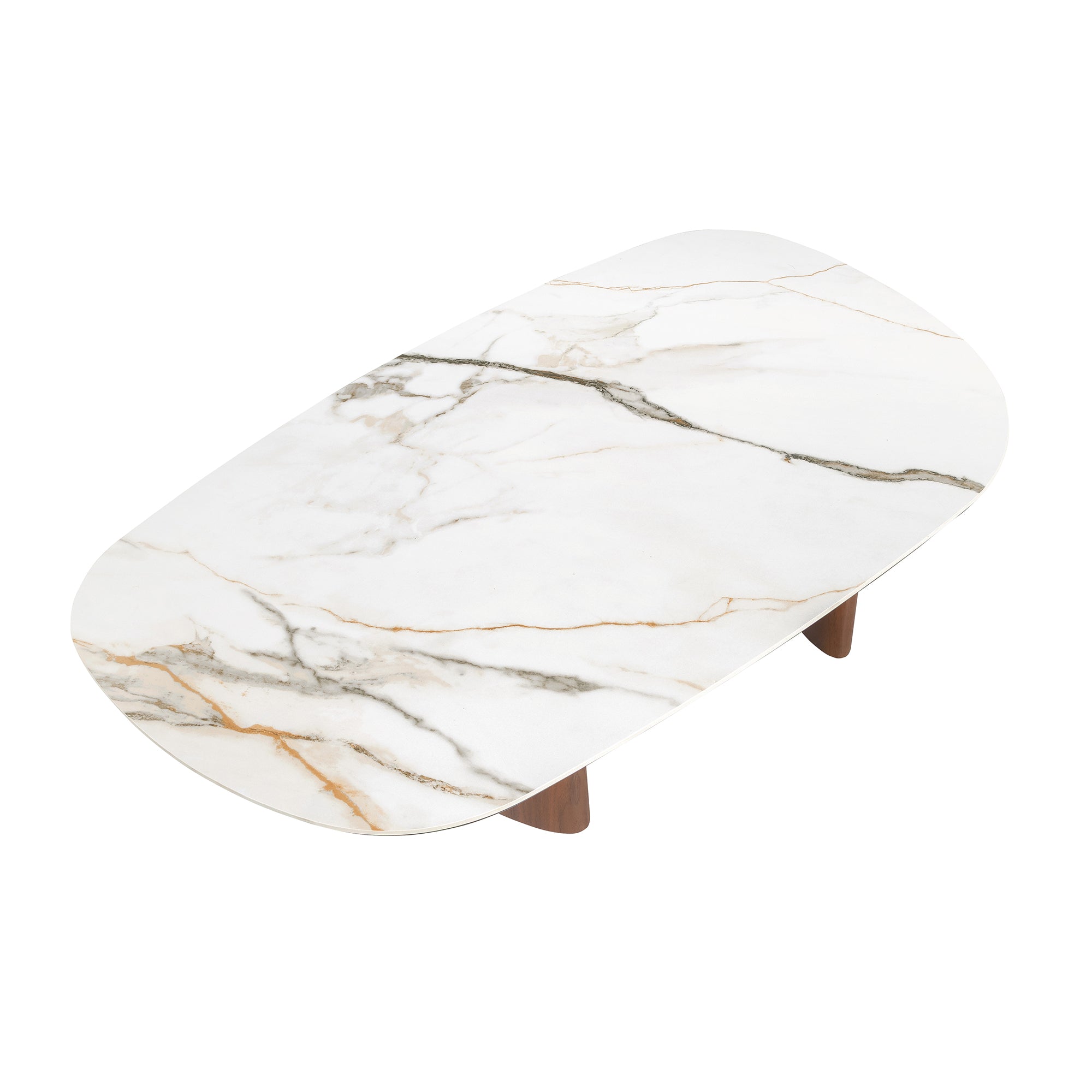 Organic-Shaped Porcelain Marble and Walnut Coffee Table
