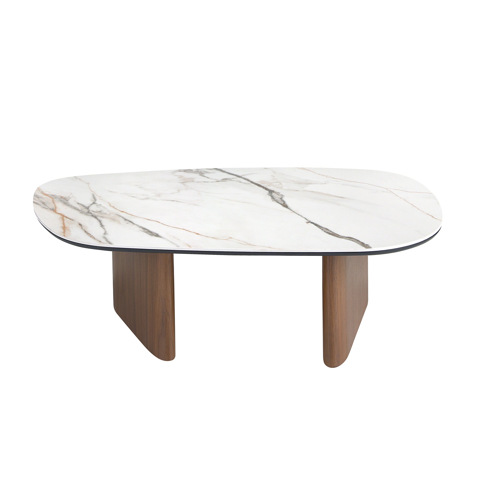 Organic-Shaped Porcelain Marble and Walnut Coffee Table