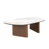 Organic-Shaped Porcelain Marble and Walnut Coffee Table