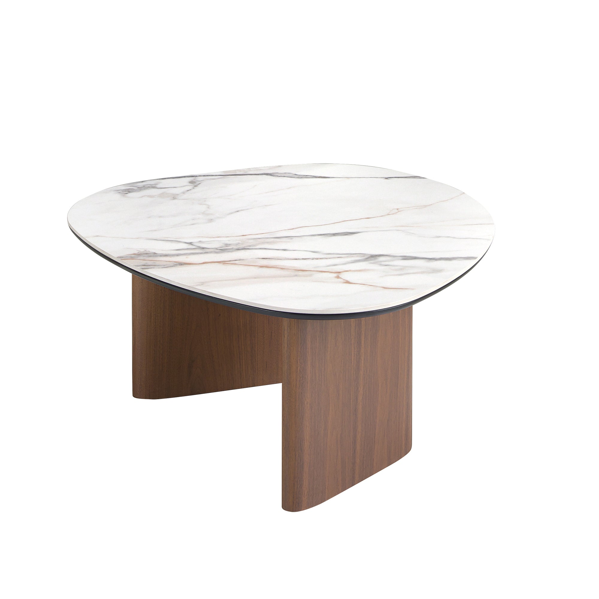Organic-shape coffee table in porcelain marble and walnut