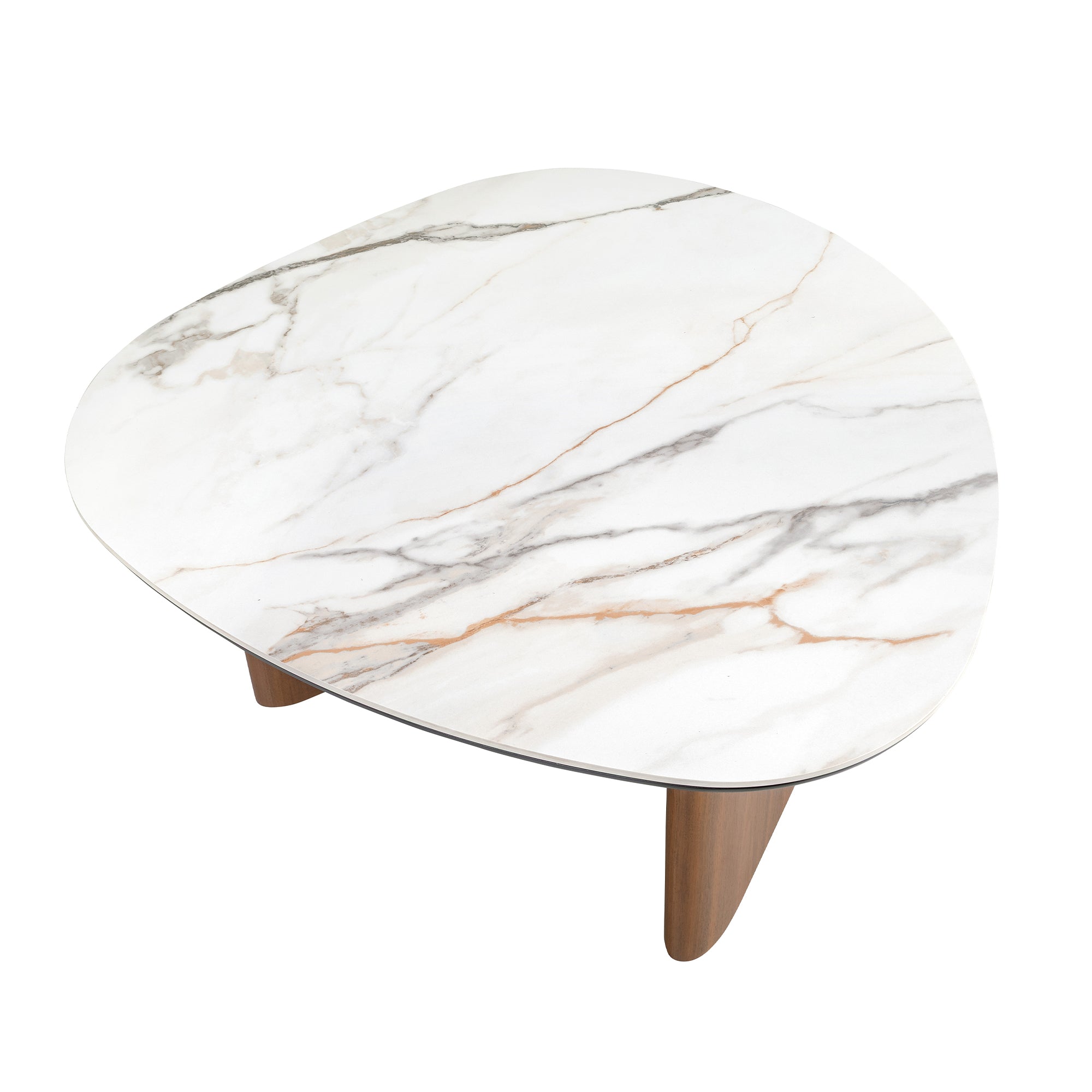 Organic-shape coffee table in porcelain marble and walnut