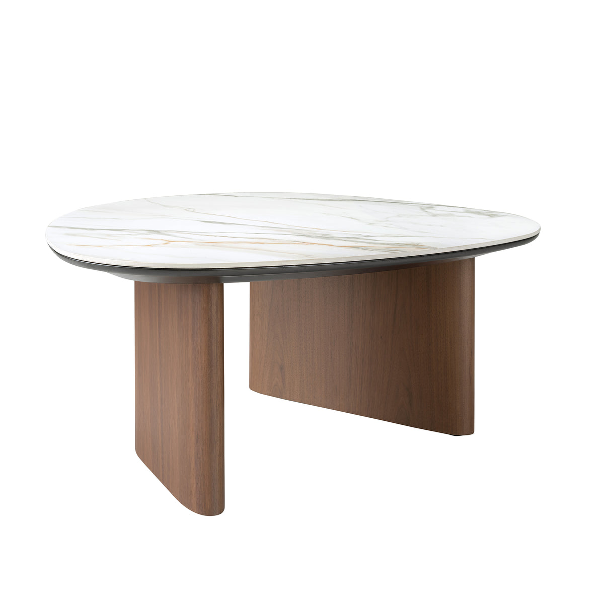 Organic-shape coffee table in porcelain marble and walnut