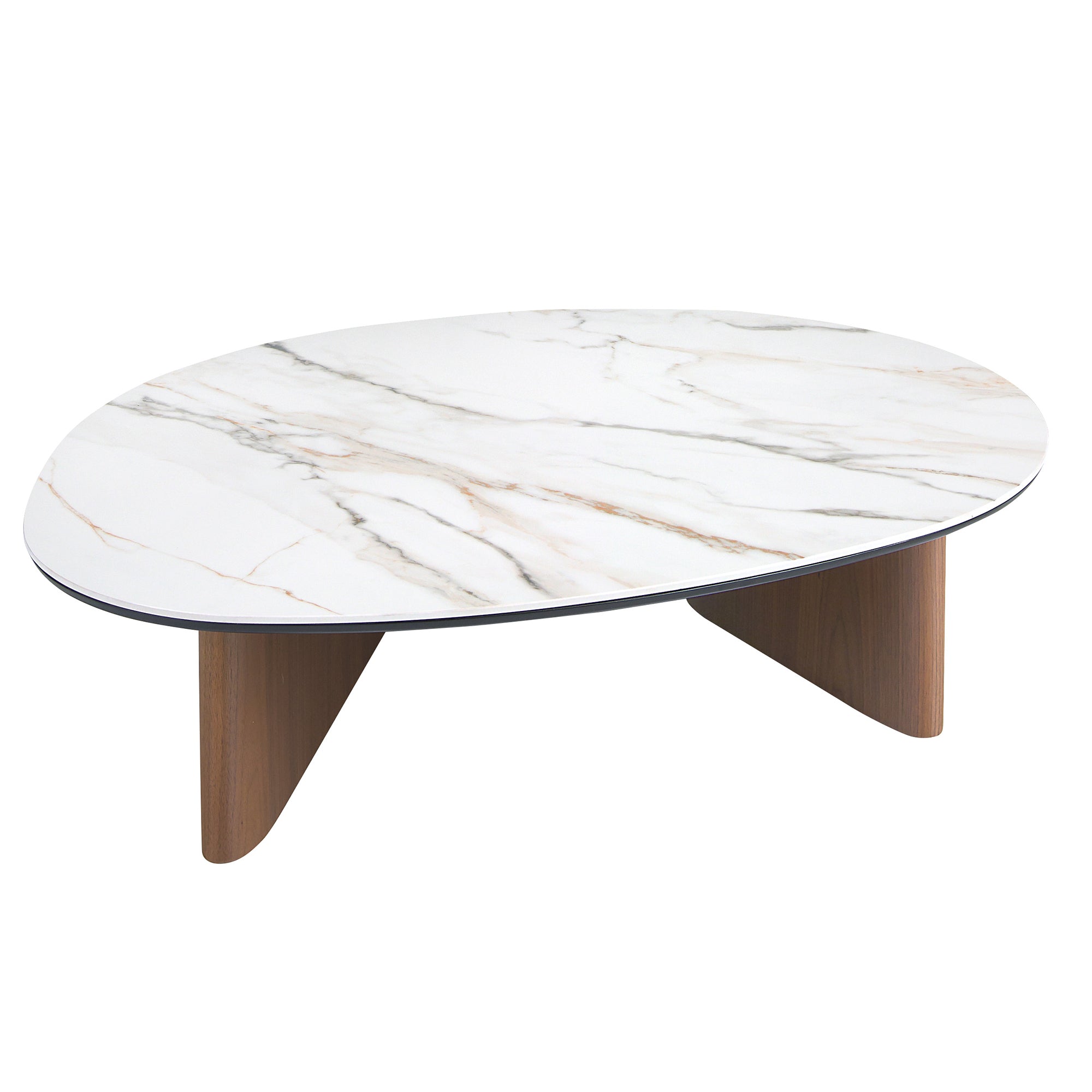 Organic-Shaped Porcelain Marble and Walnut Coffee Table