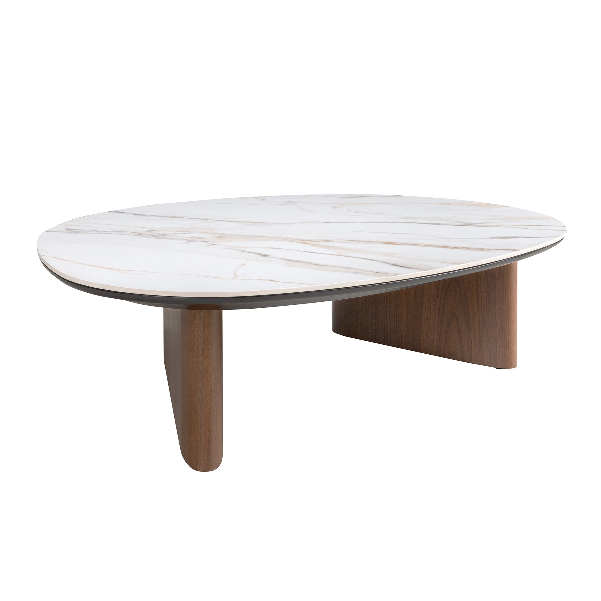 Organic-Shaped Porcelain Marble and Walnut Coffee Table
