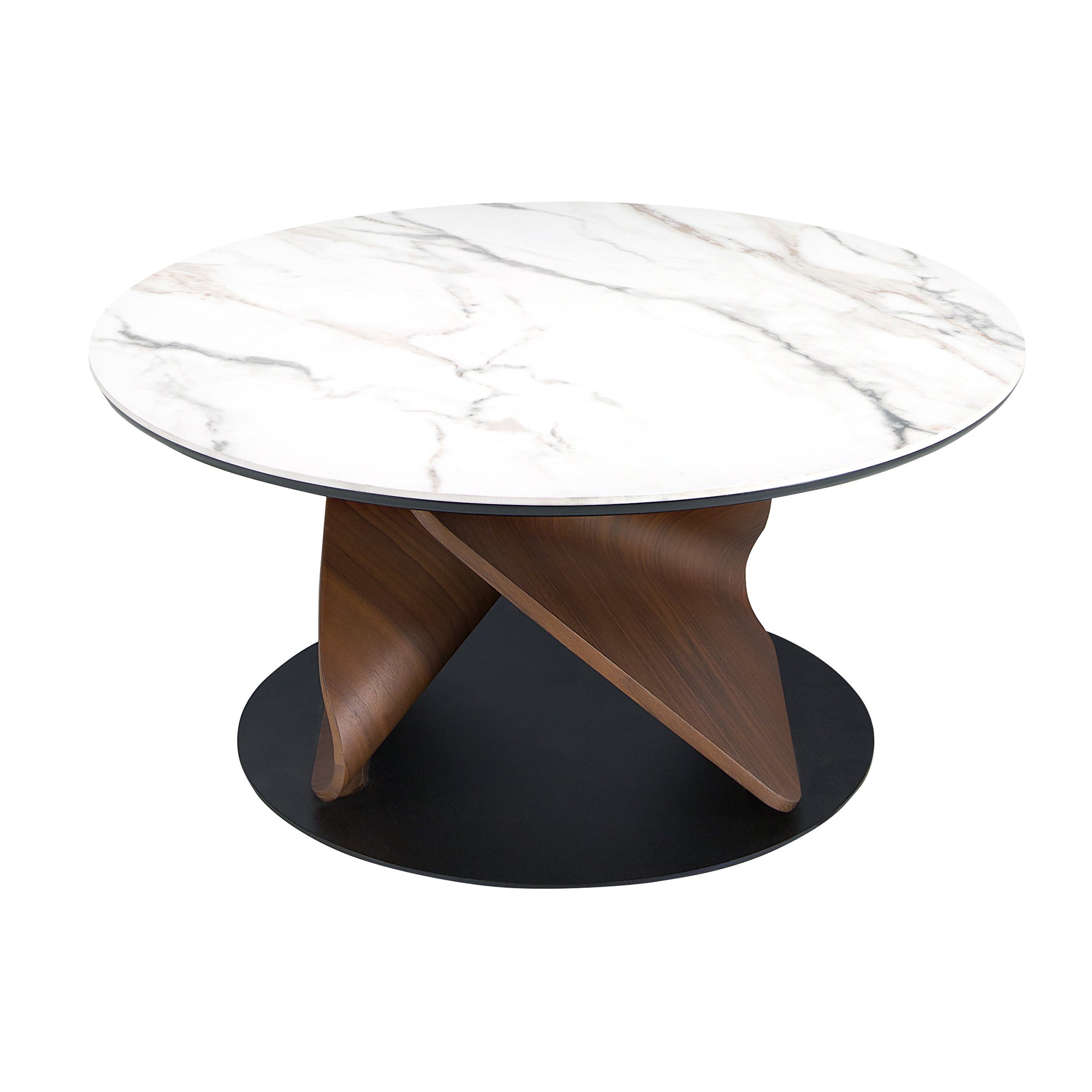 Round Porcelain Marble, Walnut and Black Steel Coffee Table