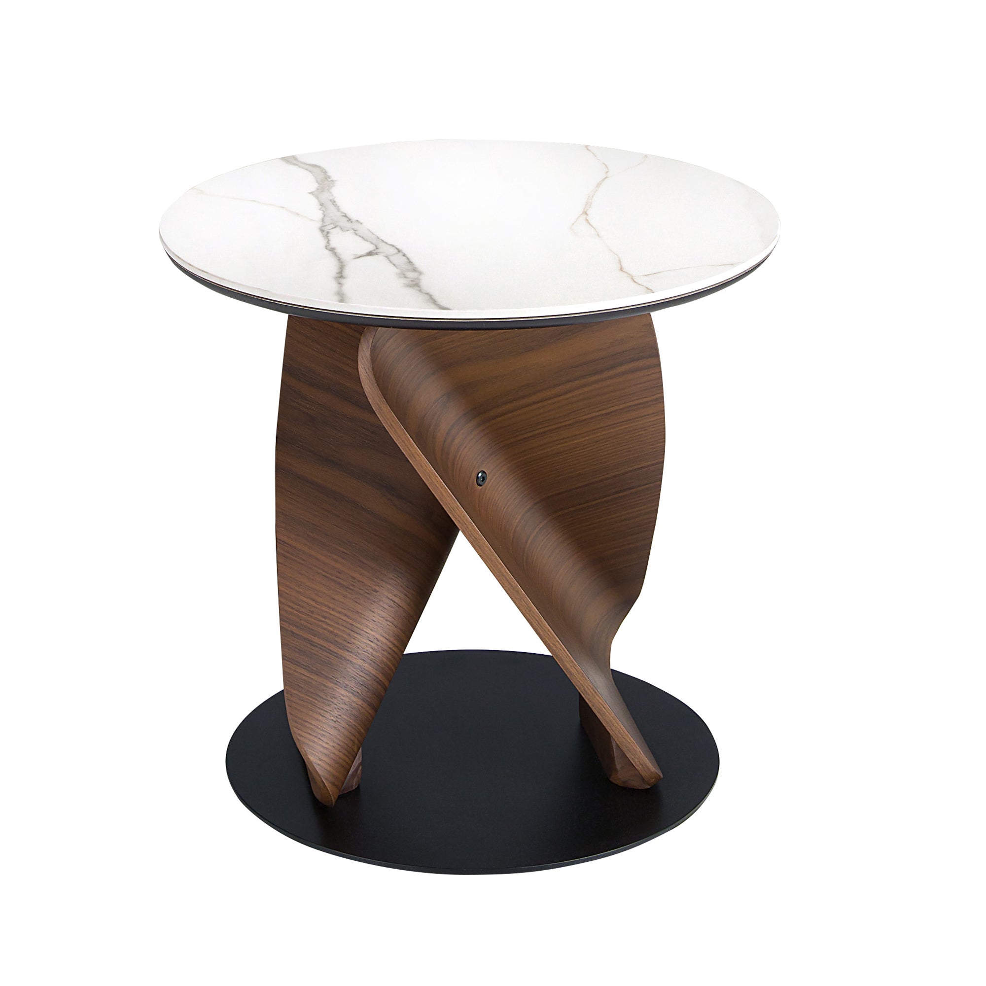 Round Porcelain Marble, Walnut and Black Steel Side Table