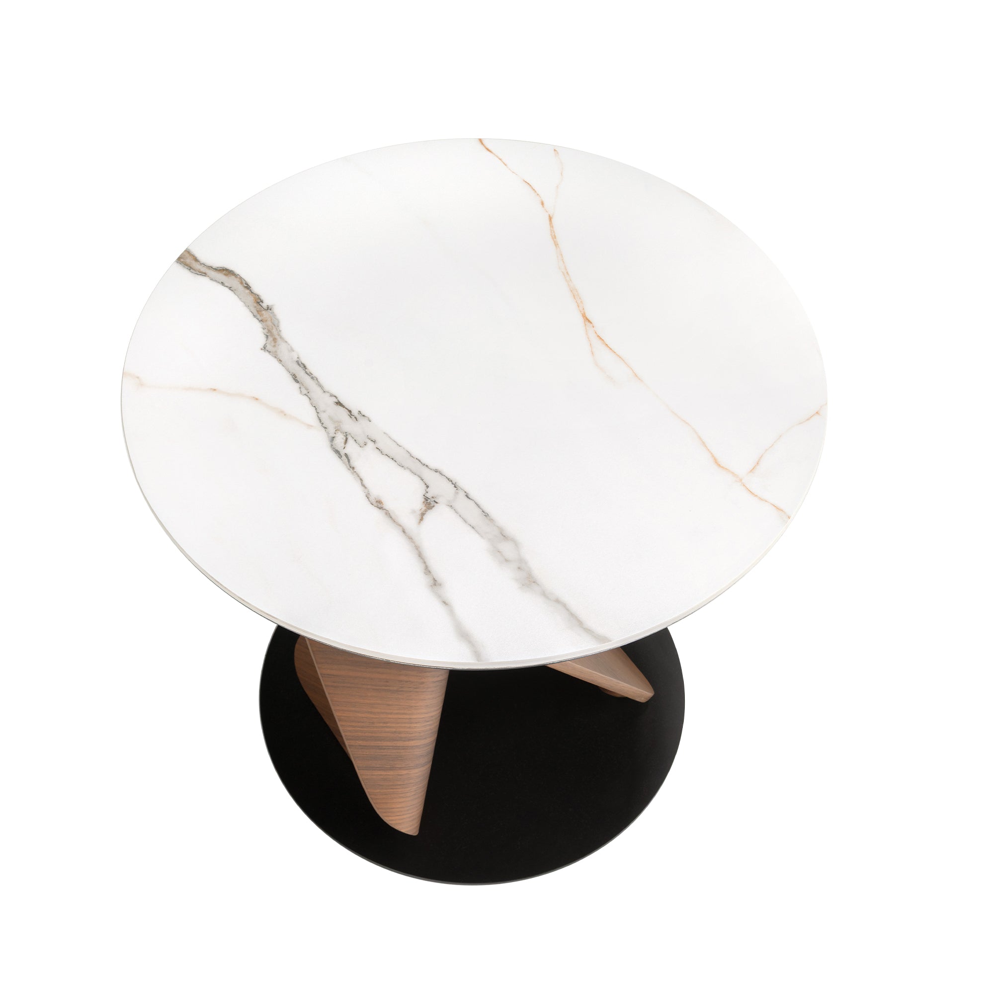 Round Porcelain Marble, Walnut and Black Steel Side Table