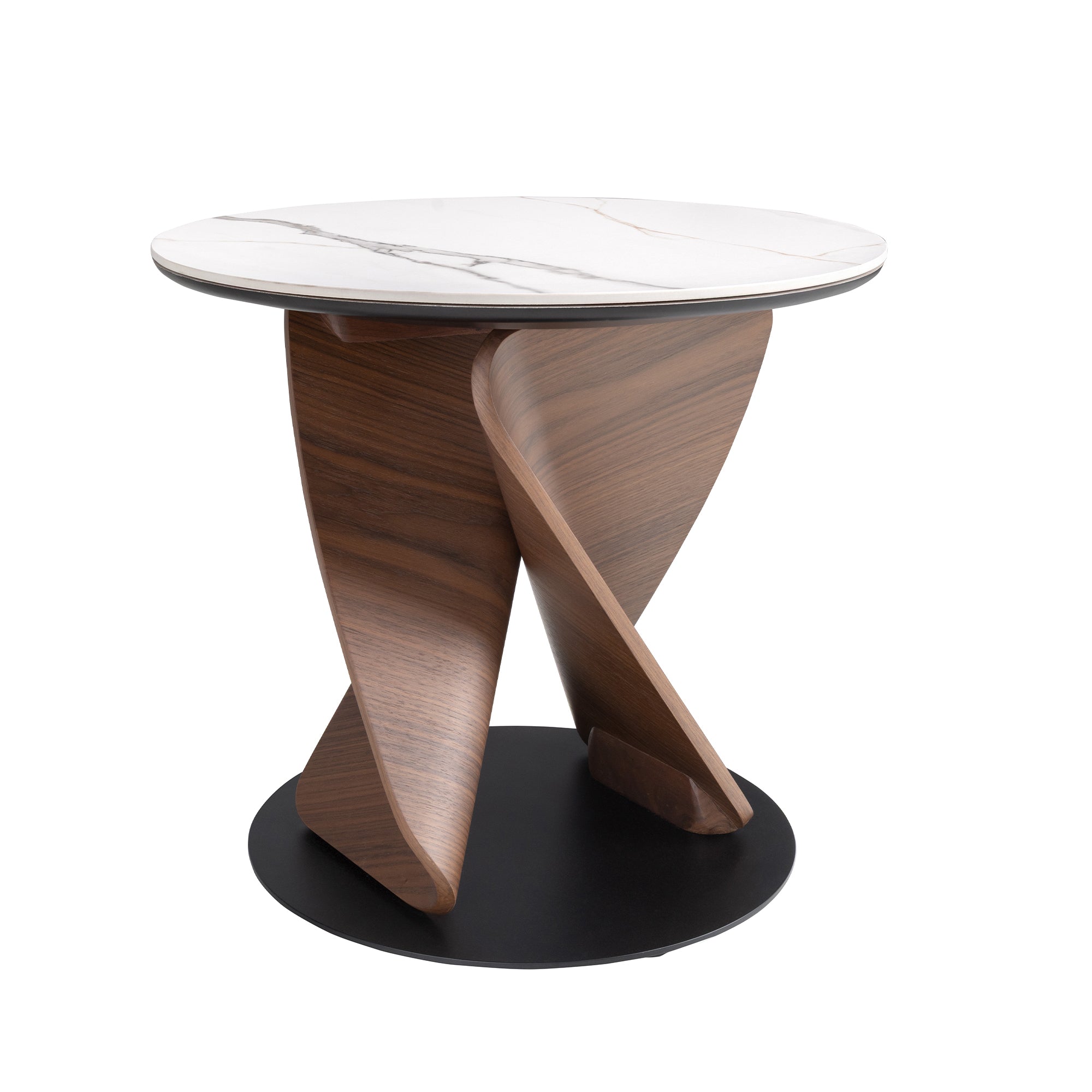 Round Porcelain Marble, Walnut and Black Steel Side Table