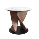 Round Porcelain Marble, Walnut and Black Steel Side Table