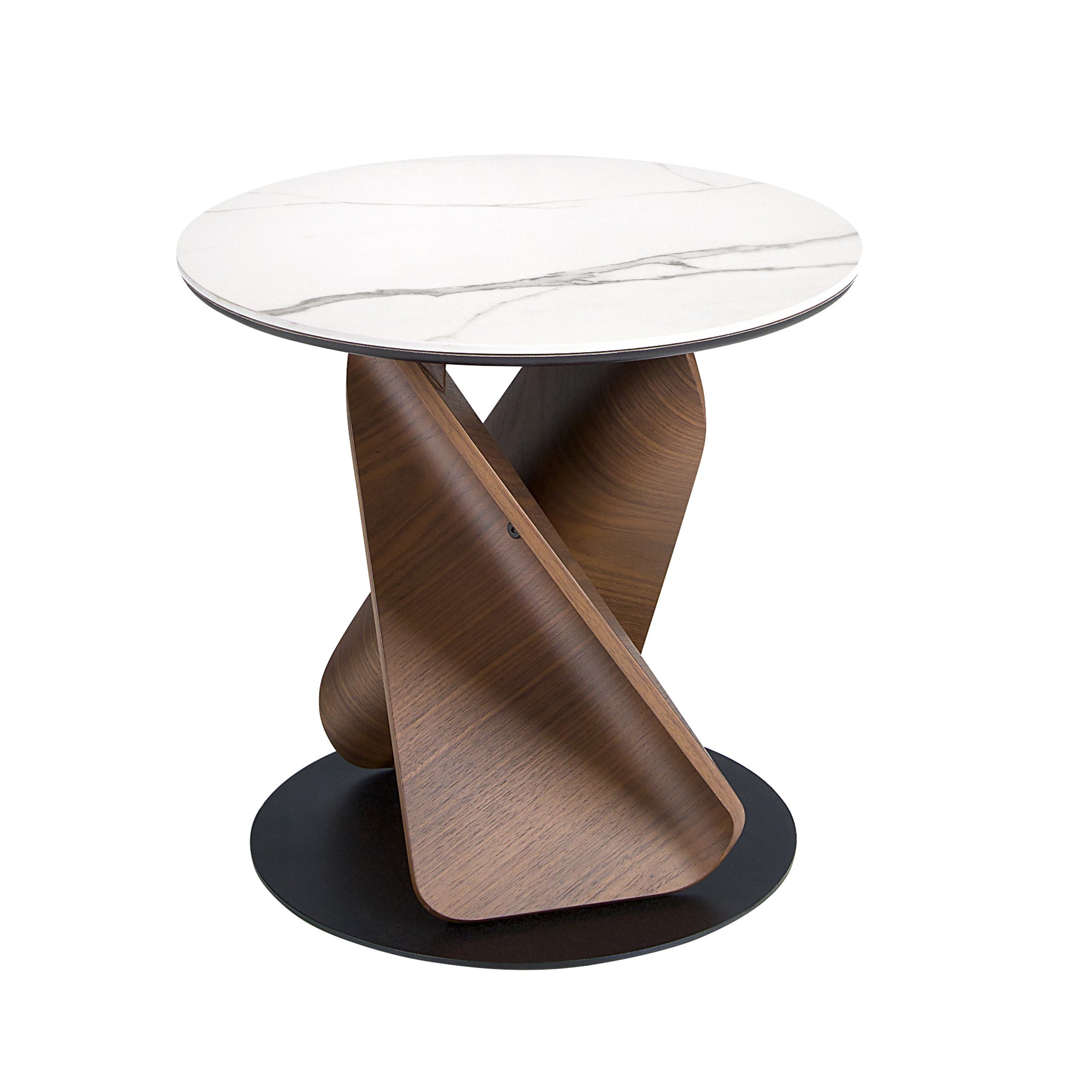Round Porcelain Marble, Walnut and Black Steel Side Table
