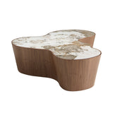 Organic-Shaped Porcelain Marble and Walnut Coffee Table