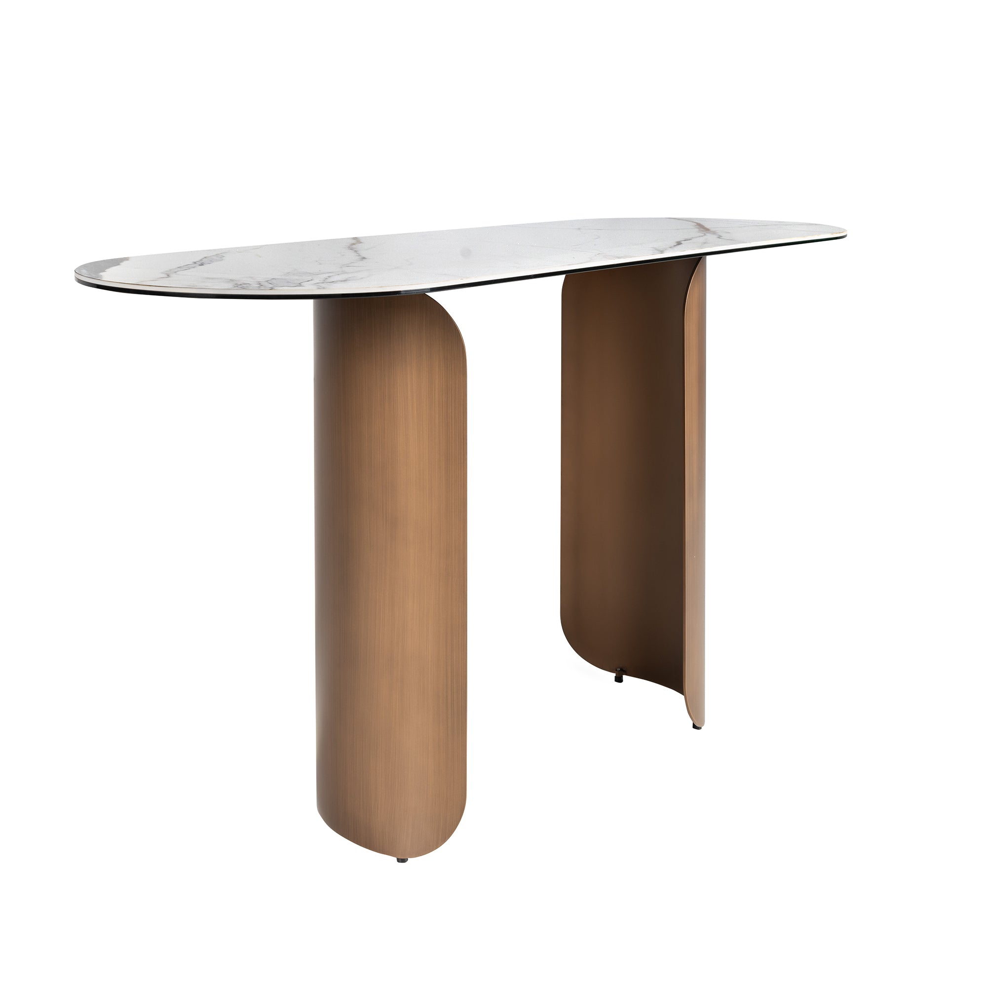 Oval half-round console table in porcelain marble and bronze-coloured steel