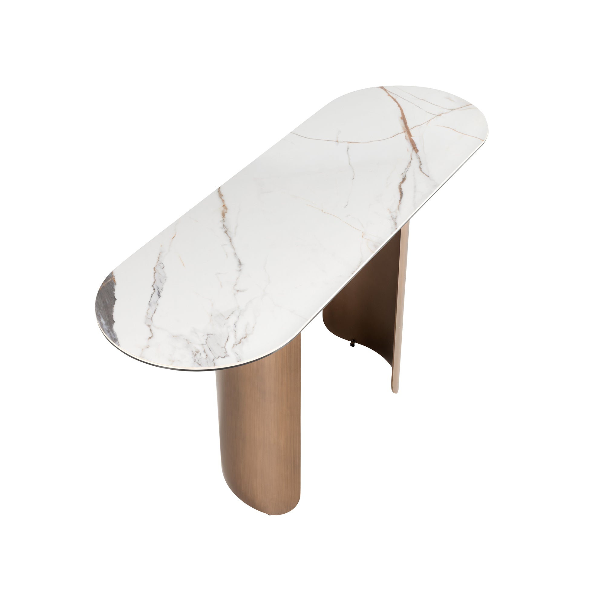 Oval half-round console table in porcelain marble and bronze-coloured steel