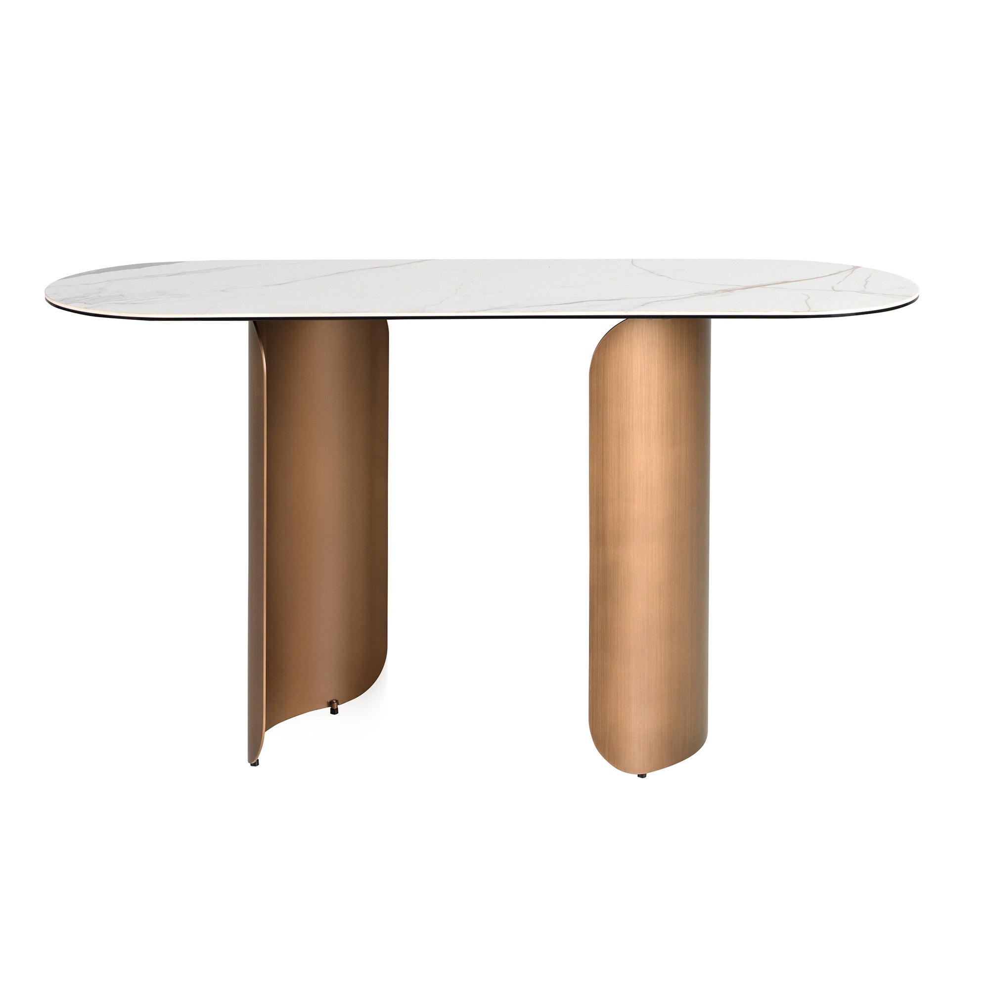 Oval half-round console table in porcelain marble and bronze-coloured steel