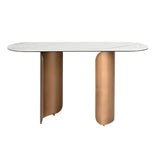 Oval half-round console table in porcelain marble and bronze-coloured steel
