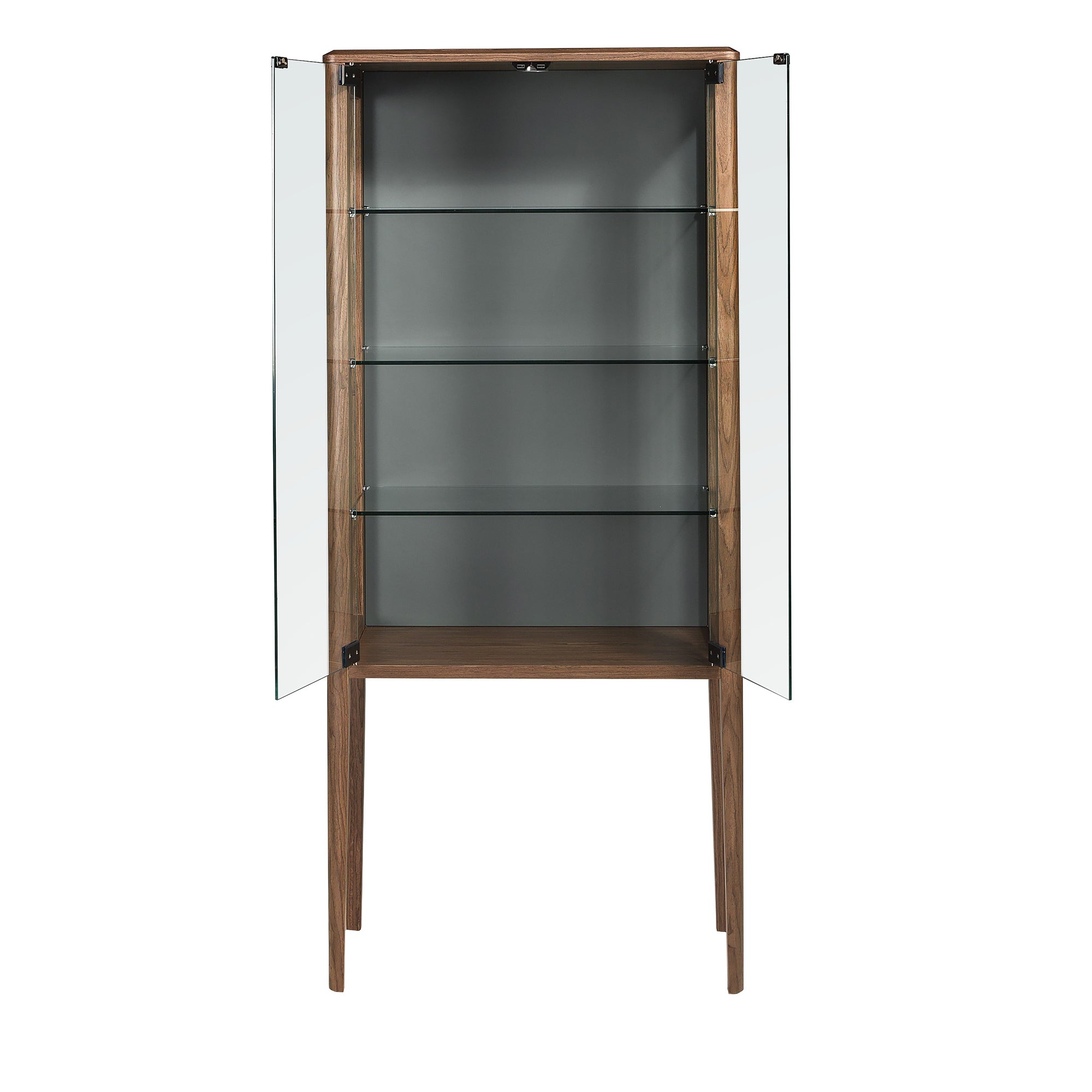 Tall sideboard in tempered glass and walnut with interior lighting
