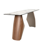 Rectangular console table in porcelain marble, metallic sand steel and walnut