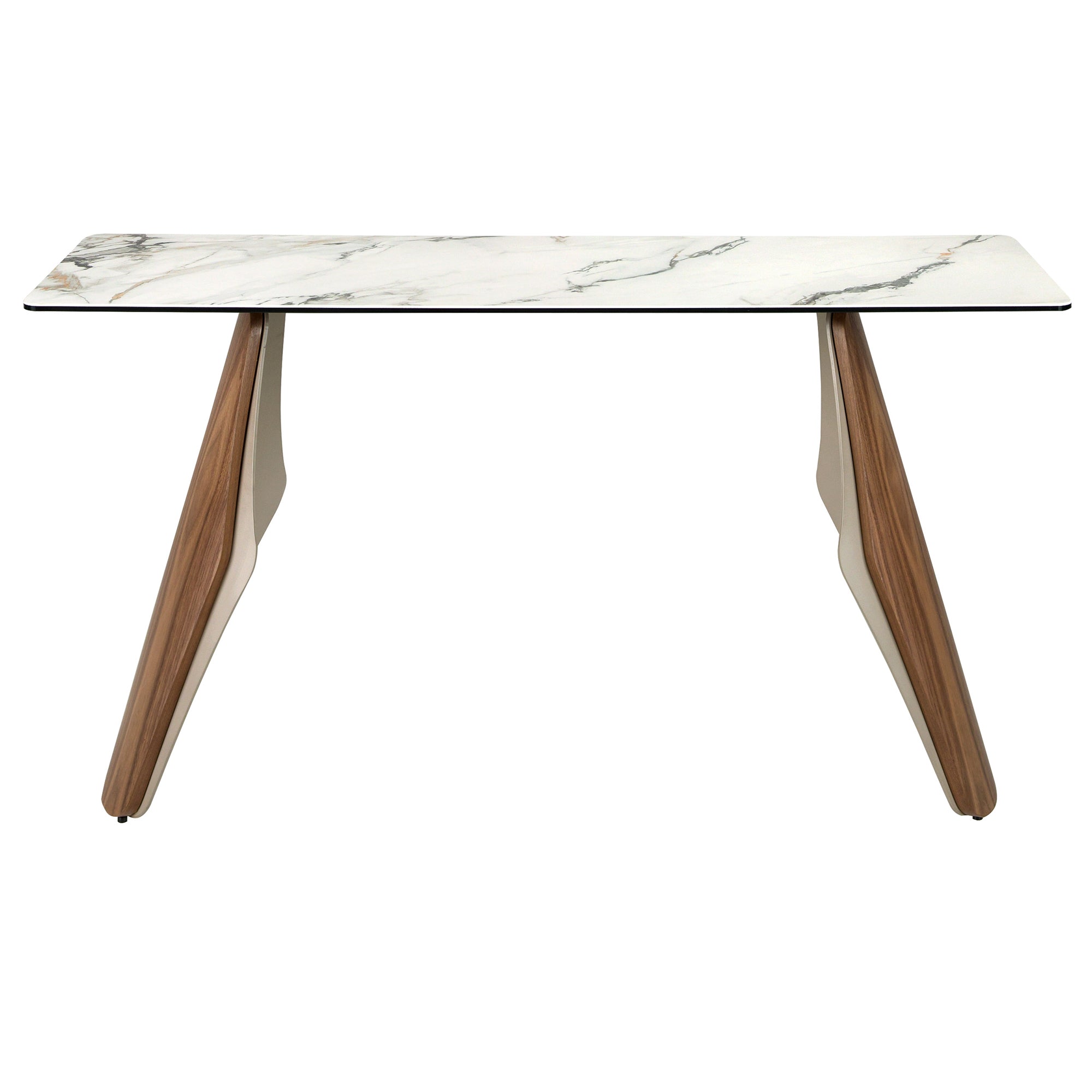 Rectangular console table in porcelain marble, metallic sand steel and walnut
