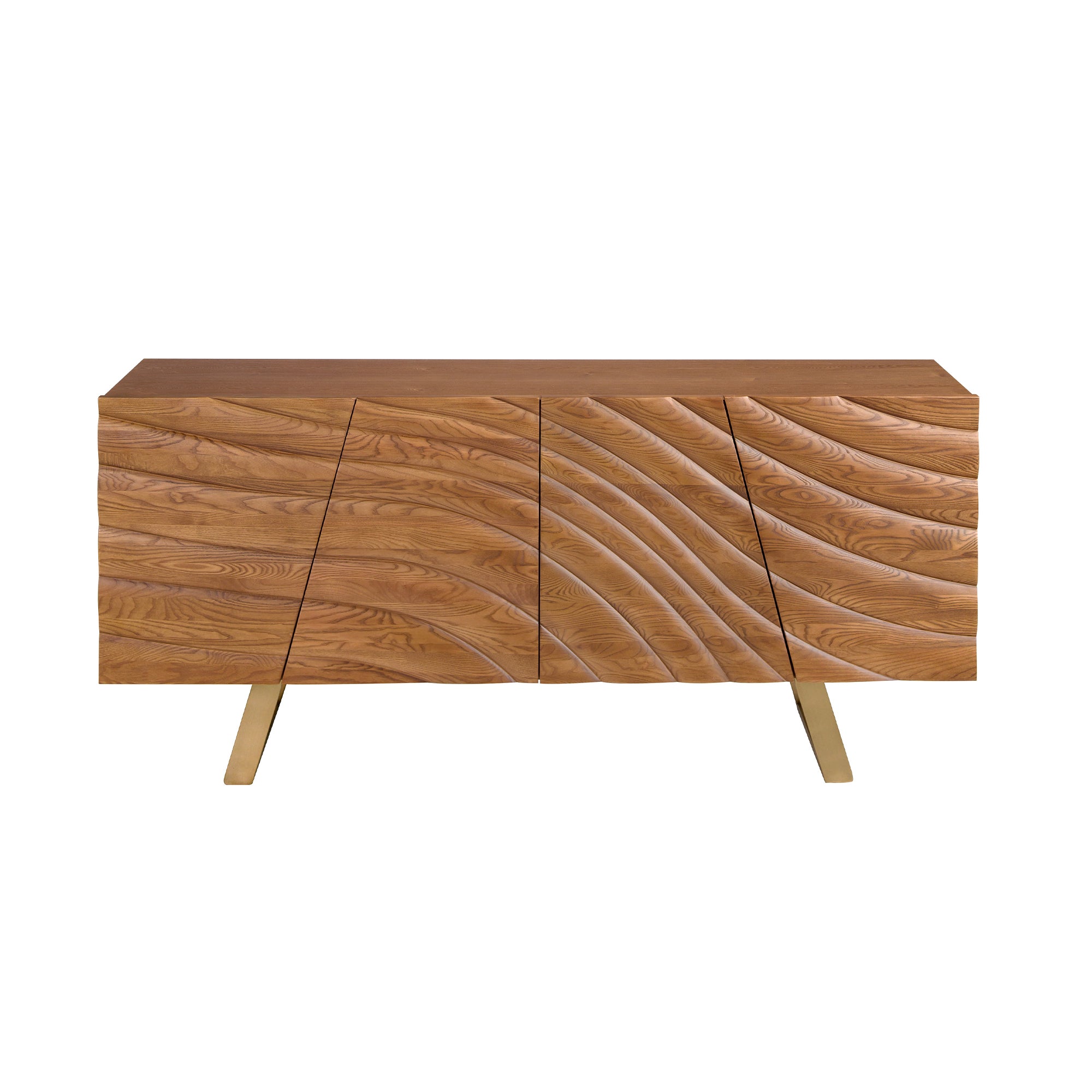 Sideboard in light walnut and polished gold-coloured steel