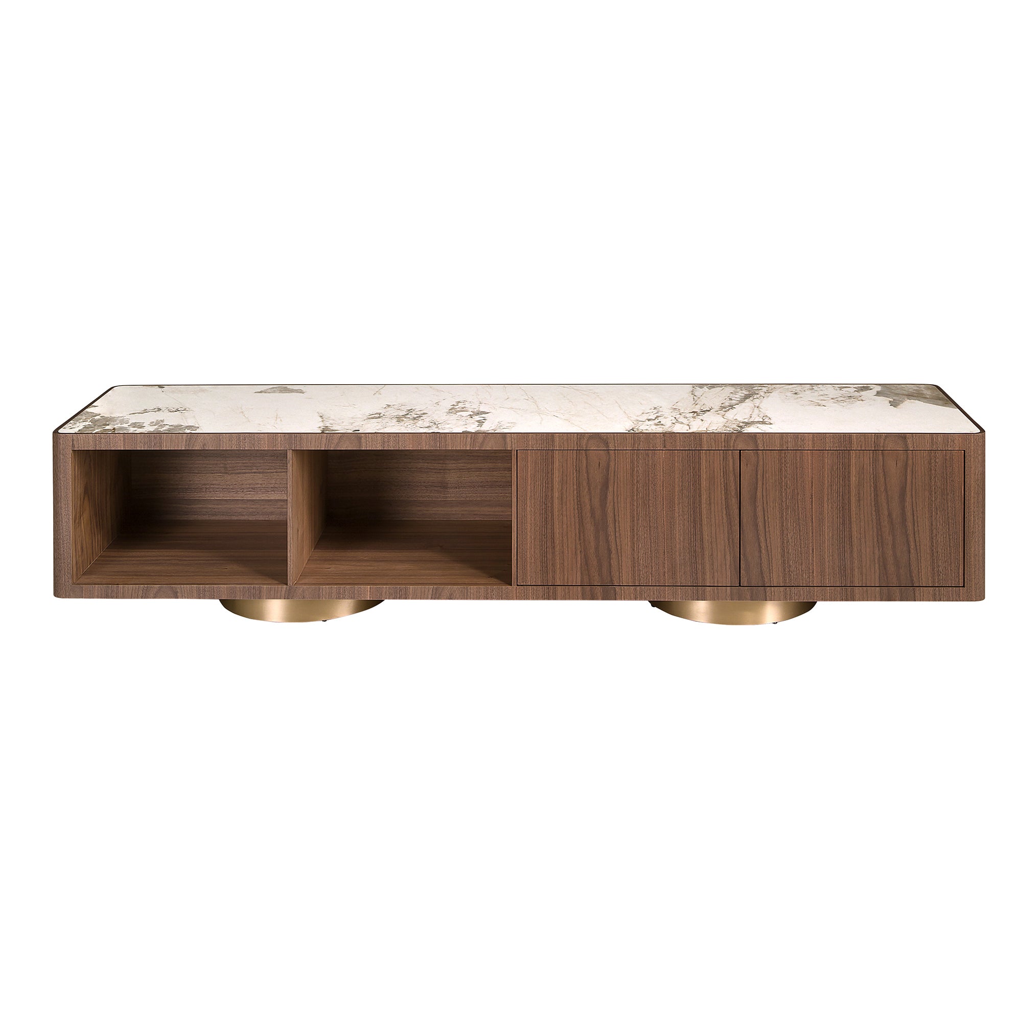 TV unit in walnut, polished gold steel and porcelain marble top