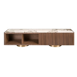 TV unit in walnut, polished gold steel and porcelain marble top