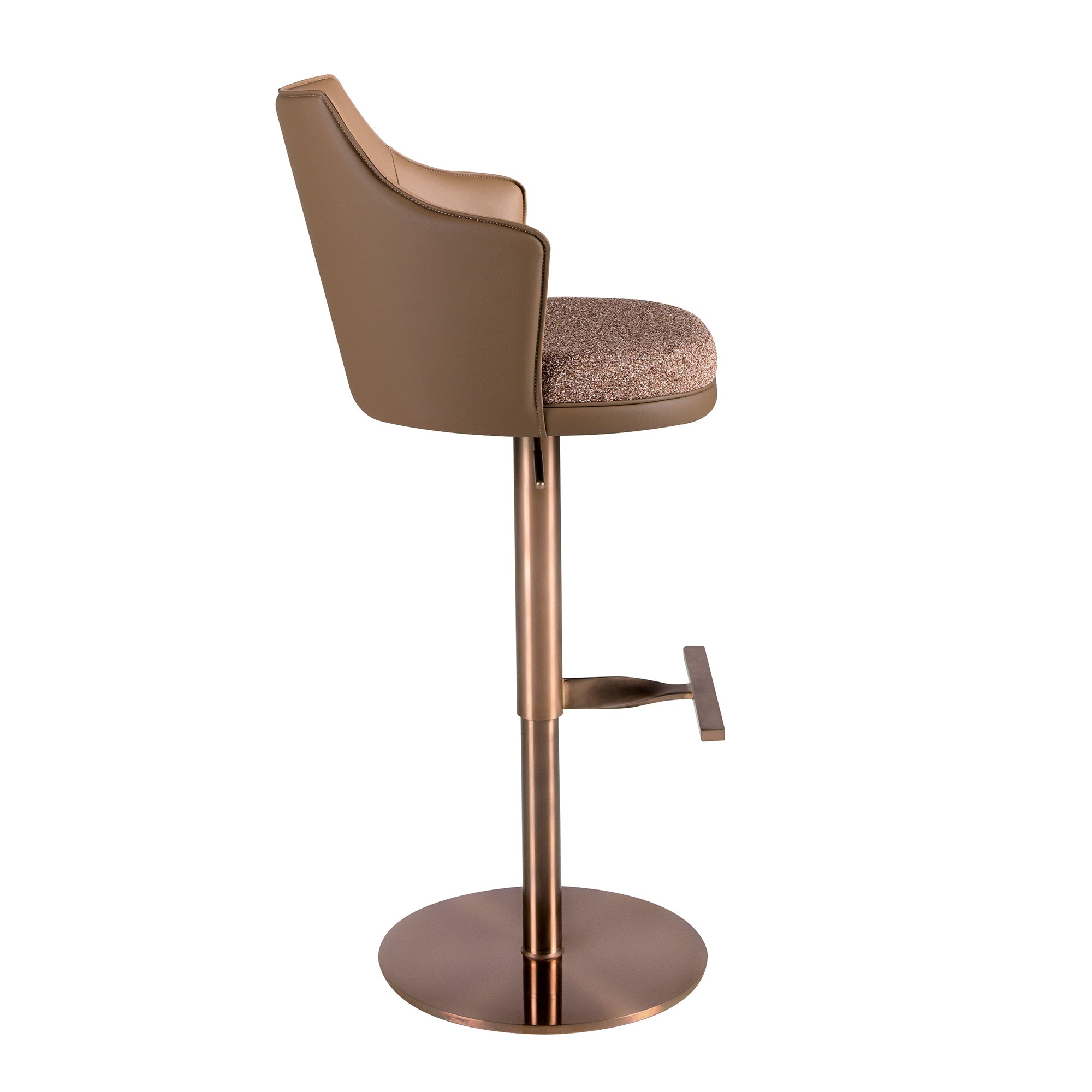 Swivel stool in mottled brown fabric and brown leatherette