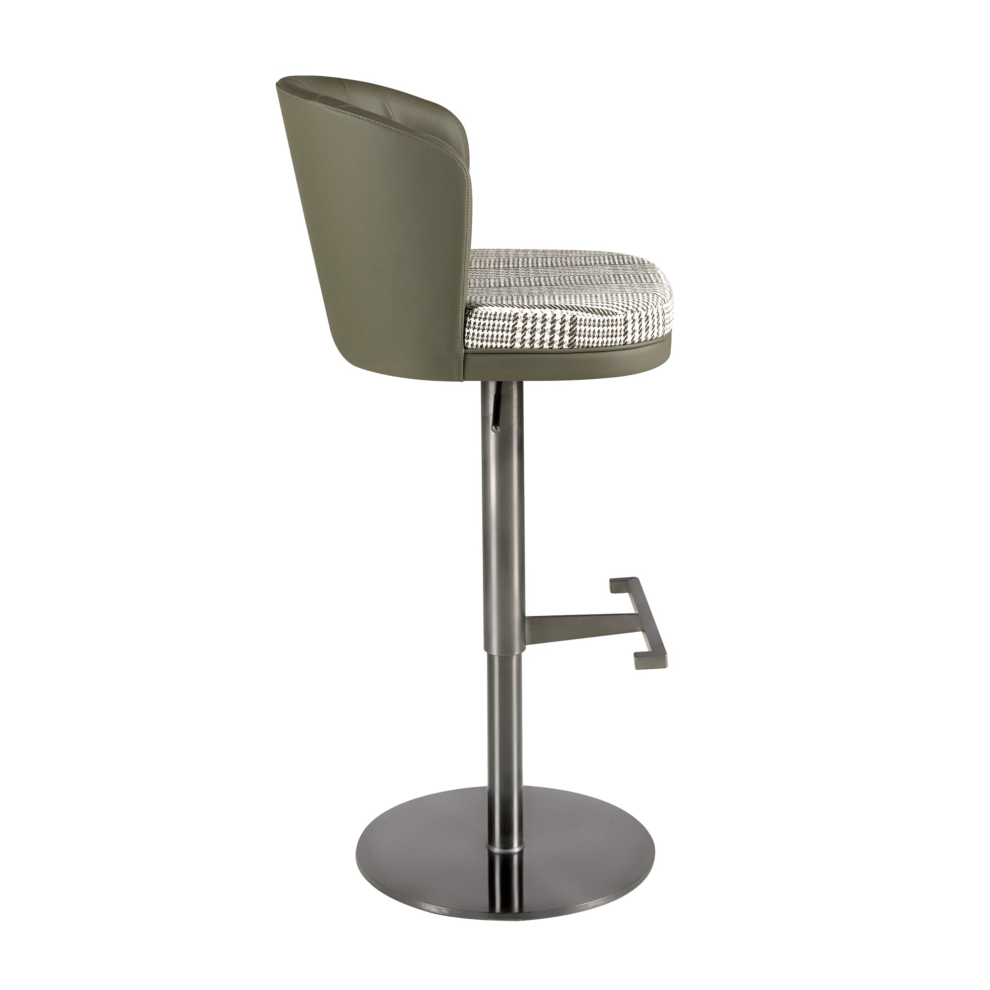 Swivel stool in dark green and white fabric and olive green leatherette