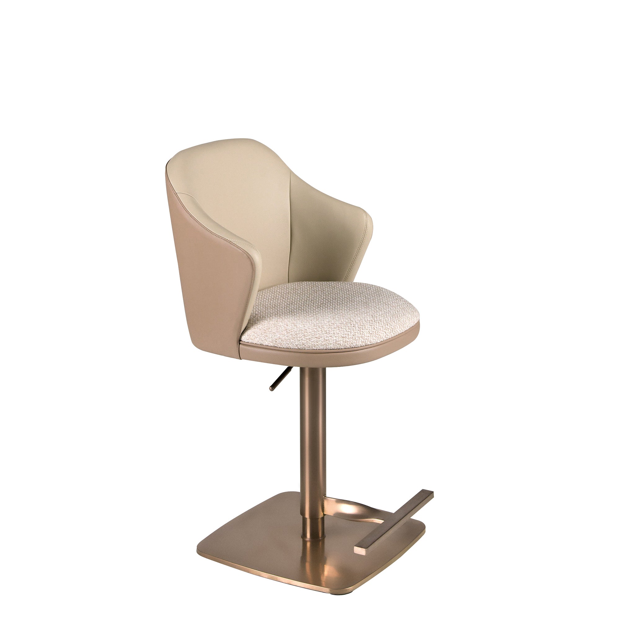 Swivel stool in cream marbled fabric and brown leatherette