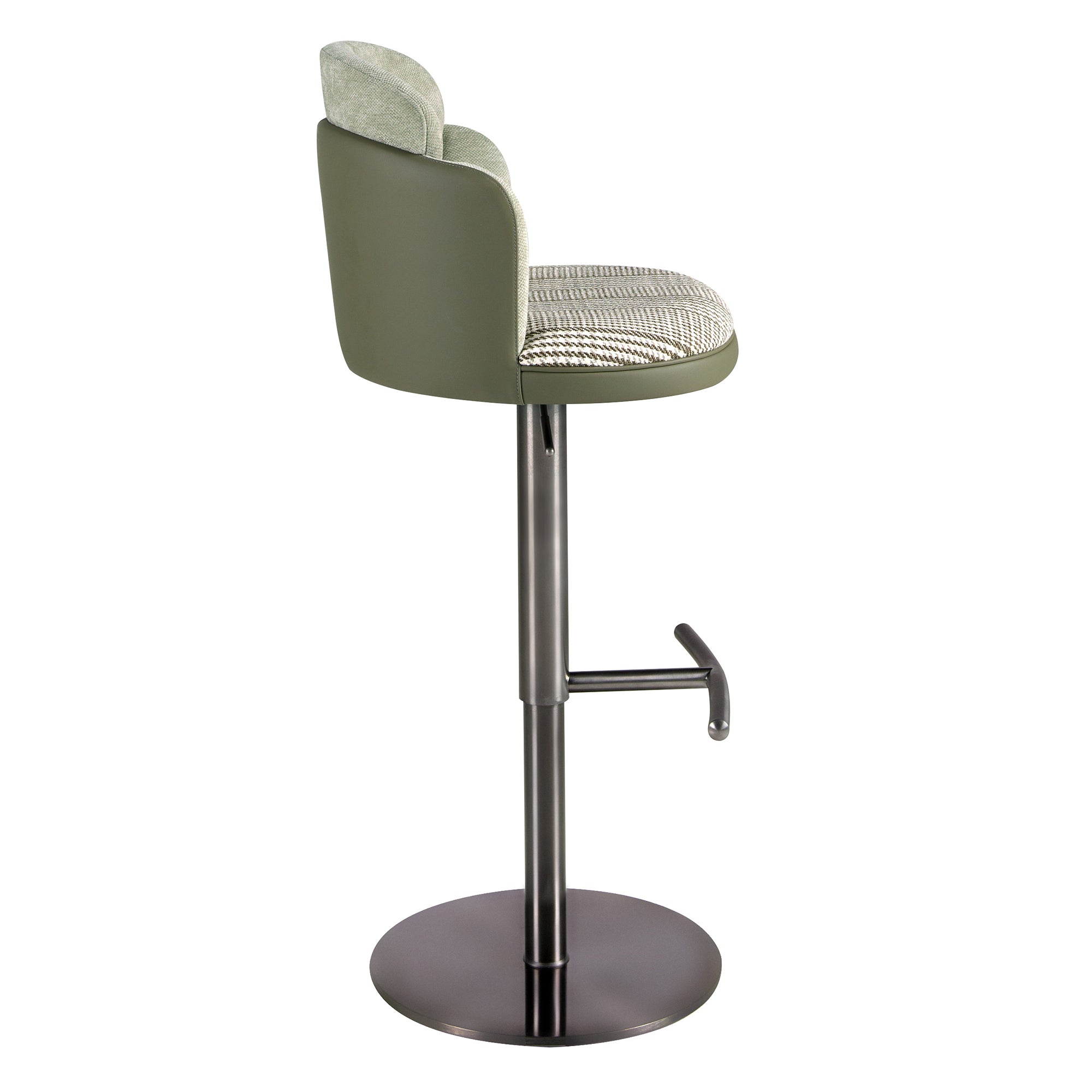Swivel stool in dark green and white fabric and olive green leatherette