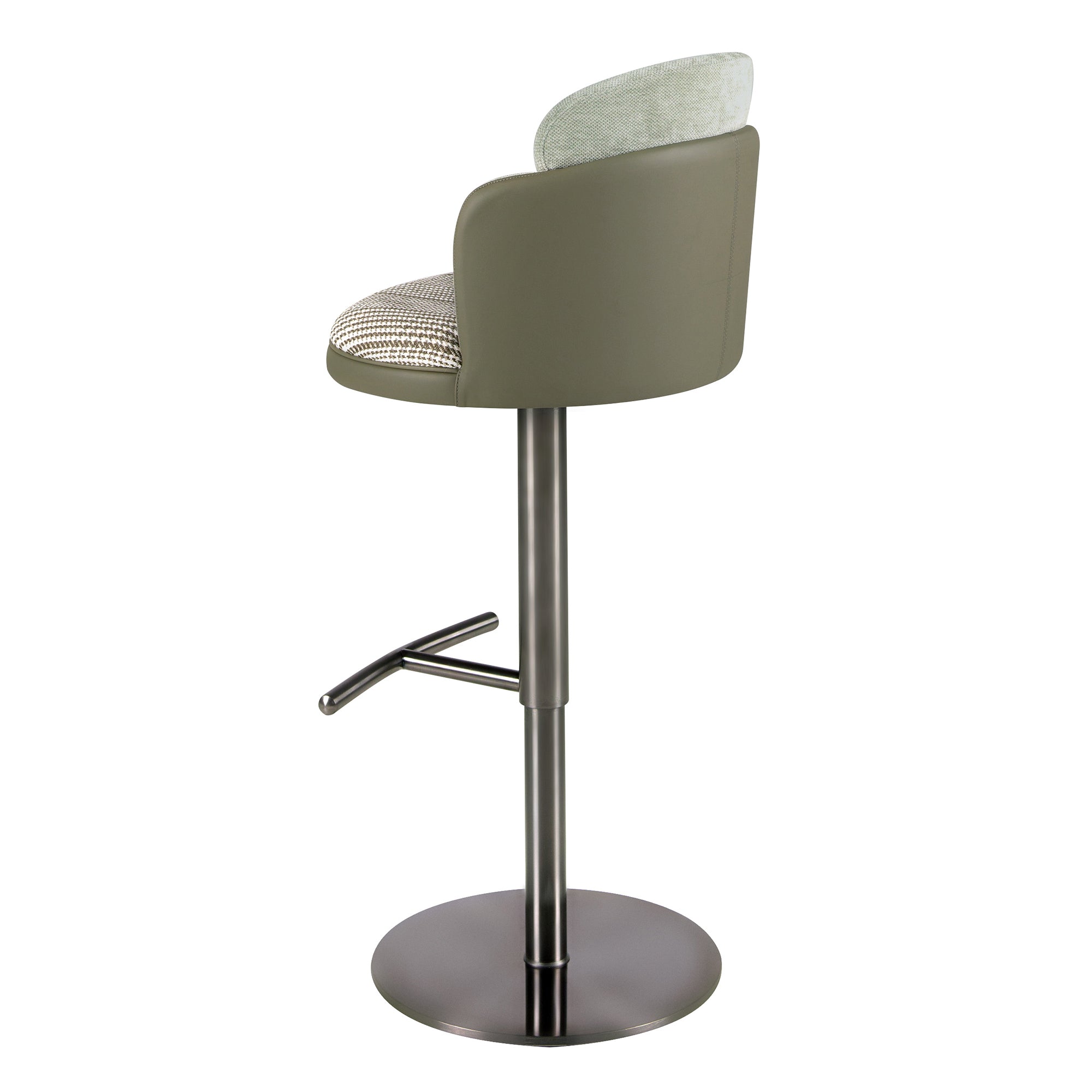 Swivel stool in dark green and white fabric and olive green leatherette